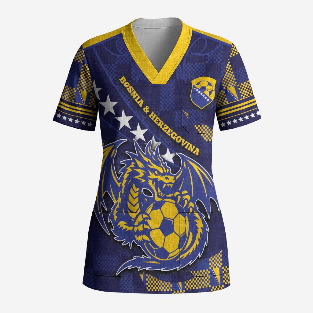 Custom Bosnia And Herzegovina Football Scrub Top Fierce Dragon National Stars With Checker Patterns