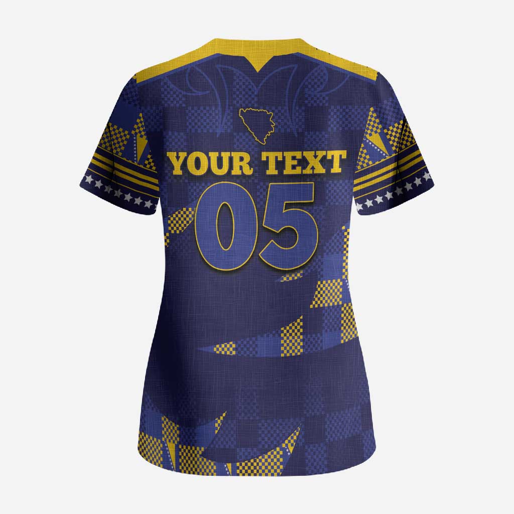 Custom Bosnia And Herzegovina Football Scrub Top Fierce Dragon National Stars With Checker Patterns