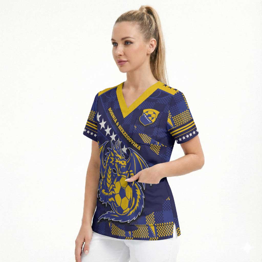 Custom Bosnia And Herzegovina Football Scrub Top Fierce Dragon National Stars With Checker Patterns