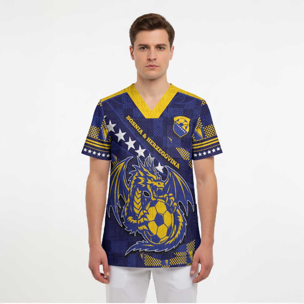 Custom Bosnia And Herzegovina Football Scrub Top Fierce Dragon National Stars With Checker Patterns
