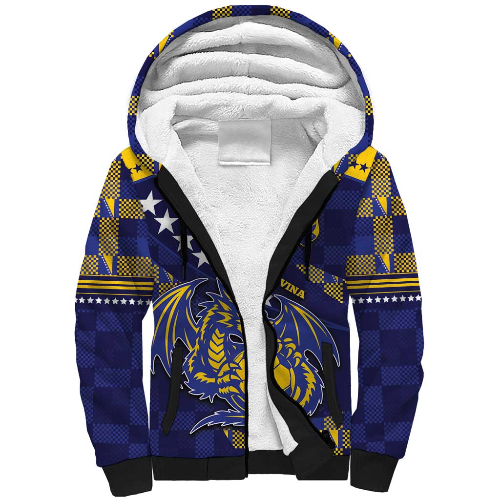 Custom Bosnia And Herzegovina Football Sherpa Hoodie Fierce Dragon National Stars With Checker Patterns