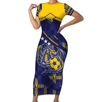 Custom Bosnia And Herzegovina Football Short Sleeve Bodycon Dress Fierce Dragon National Stars With Checker Patterns