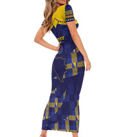 Custom Bosnia And Herzegovina Football Short Sleeve Bodycon Dress Fierce Dragon National Stars With Checker Patterns