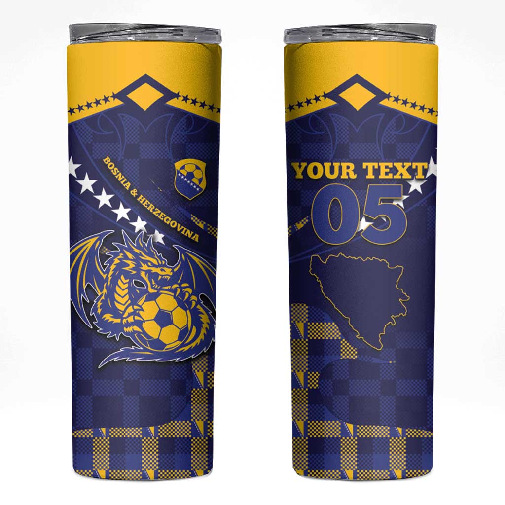 Custom Bosnia And Herzegovina Football Skinny Tumbler Fierce Dragon National Stars With Checker Patterns