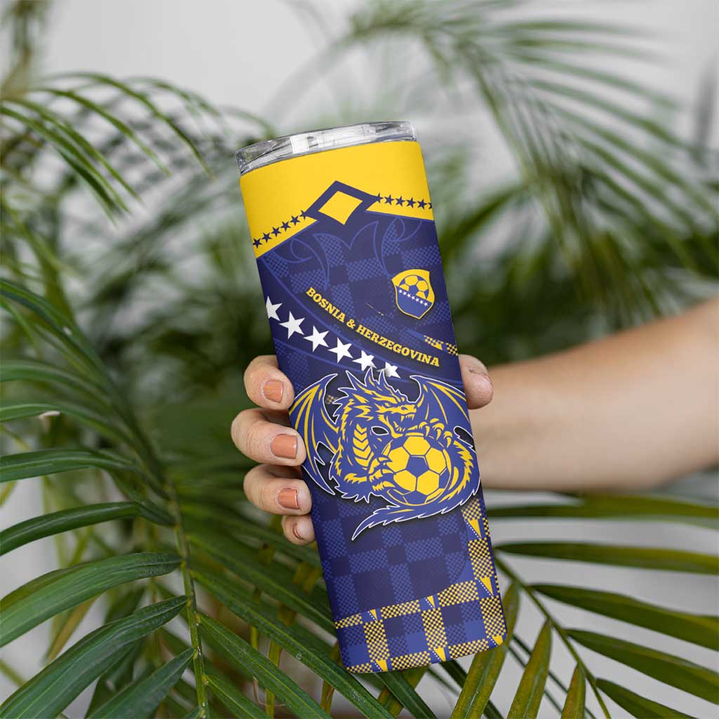 Custom Bosnia And Herzegovina Football Skinny Tumbler Fierce Dragon National Stars With Checker Patterns