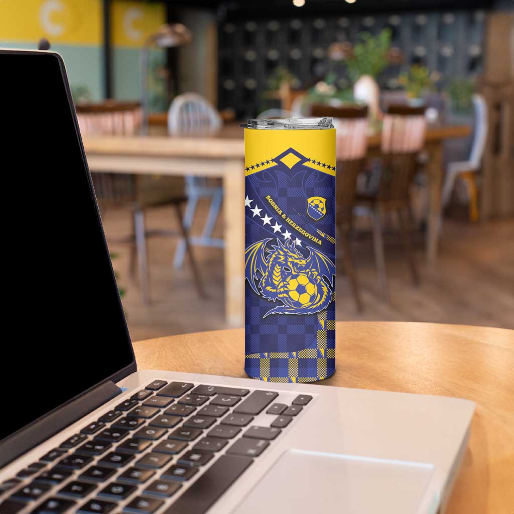 Custom Bosnia And Herzegovina Football Skinny Tumbler Fierce Dragon National Stars With Checker Patterns