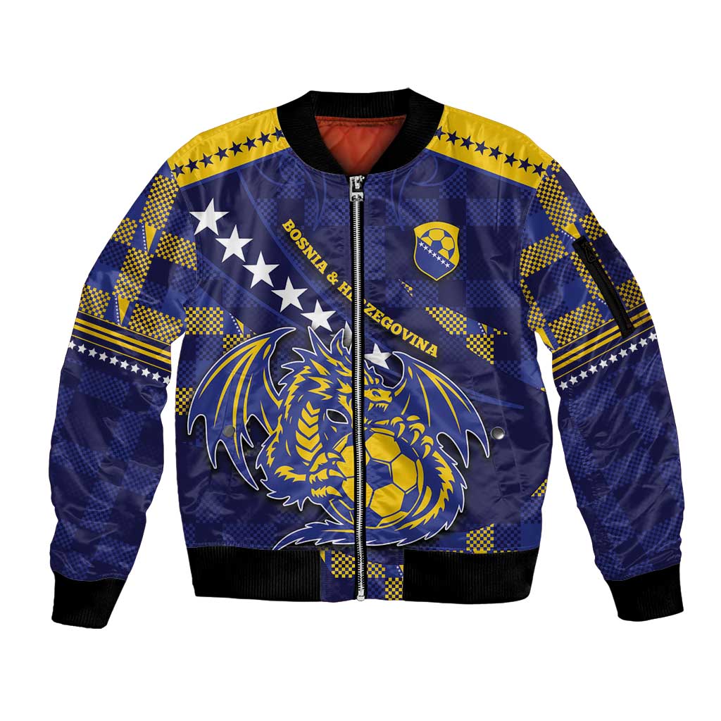 Custom Bosnia And Herzegovina Football Sleeve Zip Bomber Jacket Fierce Dragon National Stars With Checker Patterns