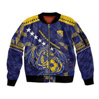 Custom Bosnia And Herzegovina Football Sleeve Zip Bomber Jacket Fierce Dragon National Stars With Checker Patterns