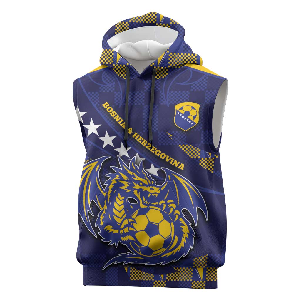 Custom Bosnia And Herzegovina Football Sleeveless Hoodie Fierce Dragon National Stars With Checker Patterns