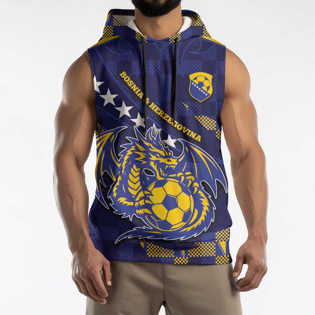 Custom Bosnia And Herzegovina Football Sleeveless Hoodie Fierce Dragon National Stars With Checker Patterns
