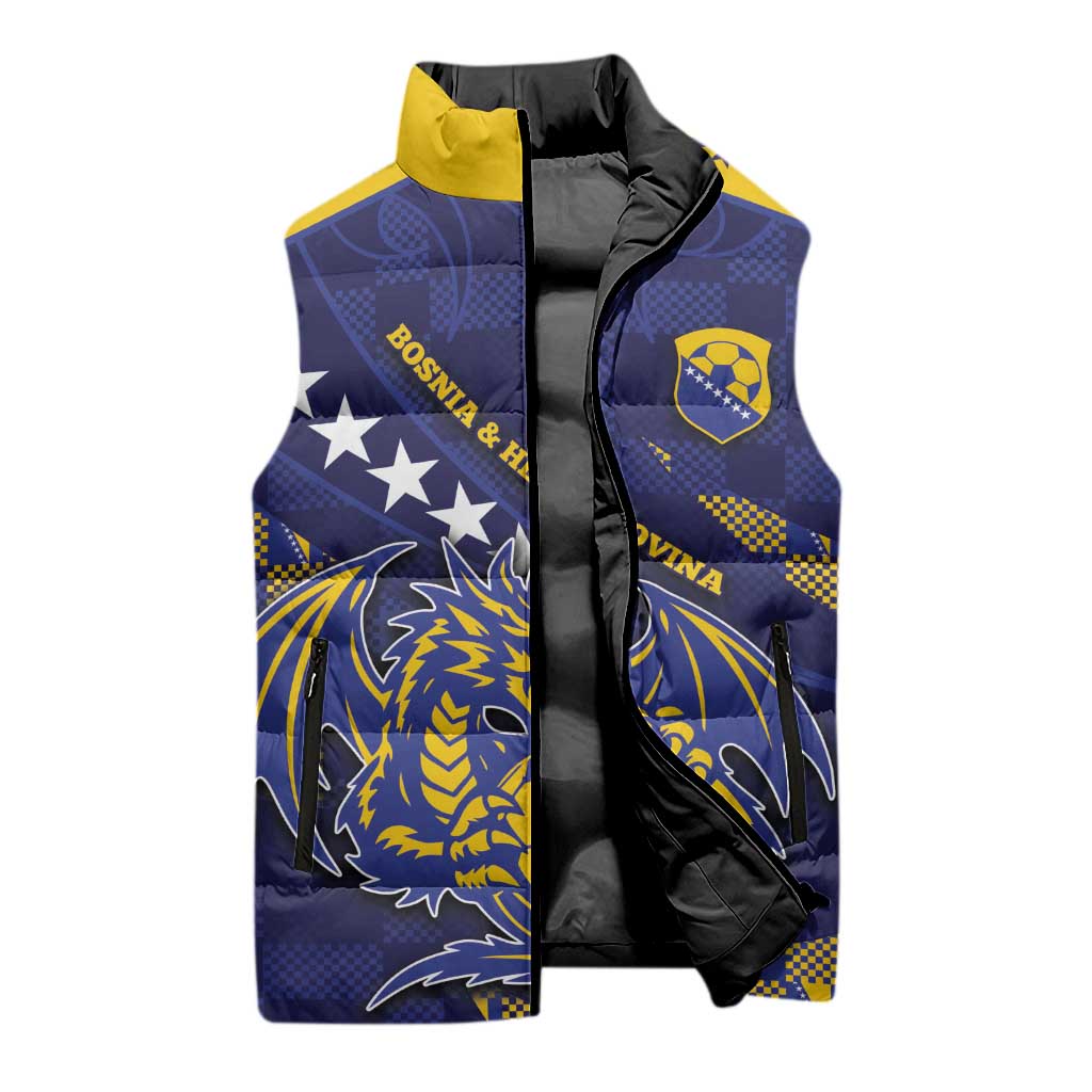 Custom Bosnia And Herzegovina Football Sleeveless Puffer Jacket Fierce Dragon National Stars With Checker Patterns