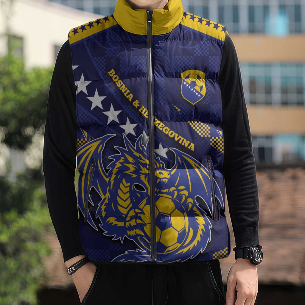 Custom Bosnia And Herzegovina Football Sleeveless Puffer Jacket Fierce Dragon National Stars With Checker Patterns
