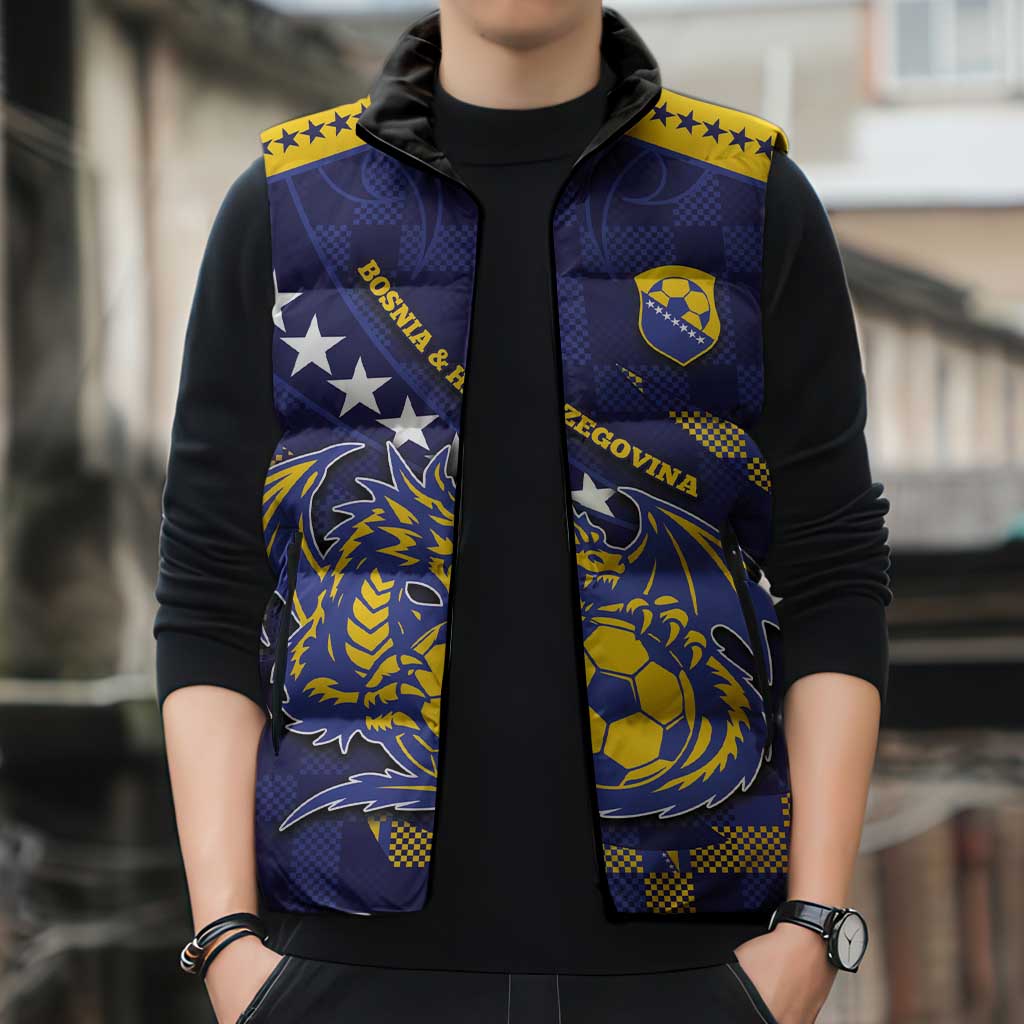 Custom Bosnia And Herzegovina Football Sleeveless Puffer Jacket Fierce Dragon National Stars With Checker Patterns