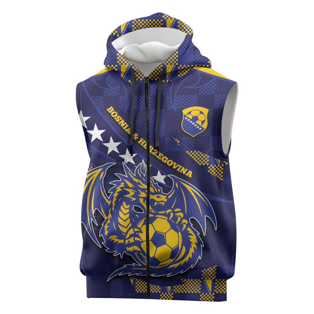 Custom Bosnia And Herzegovina Football Sleeveless Zip Hoodie Fierce Dragon National Stars With Checker Patterns