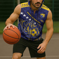 Custom Bosnia And Herzegovina Football Sleeveless Zip Hoodie Fierce Dragon National Stars With Checker Patterns