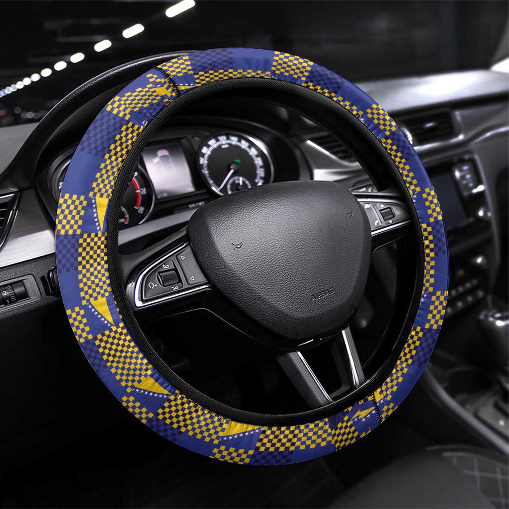 Bosnia And Herzegovina Football Steering Wheel Cover Fierce Dragon National Stars With Checker Patterns