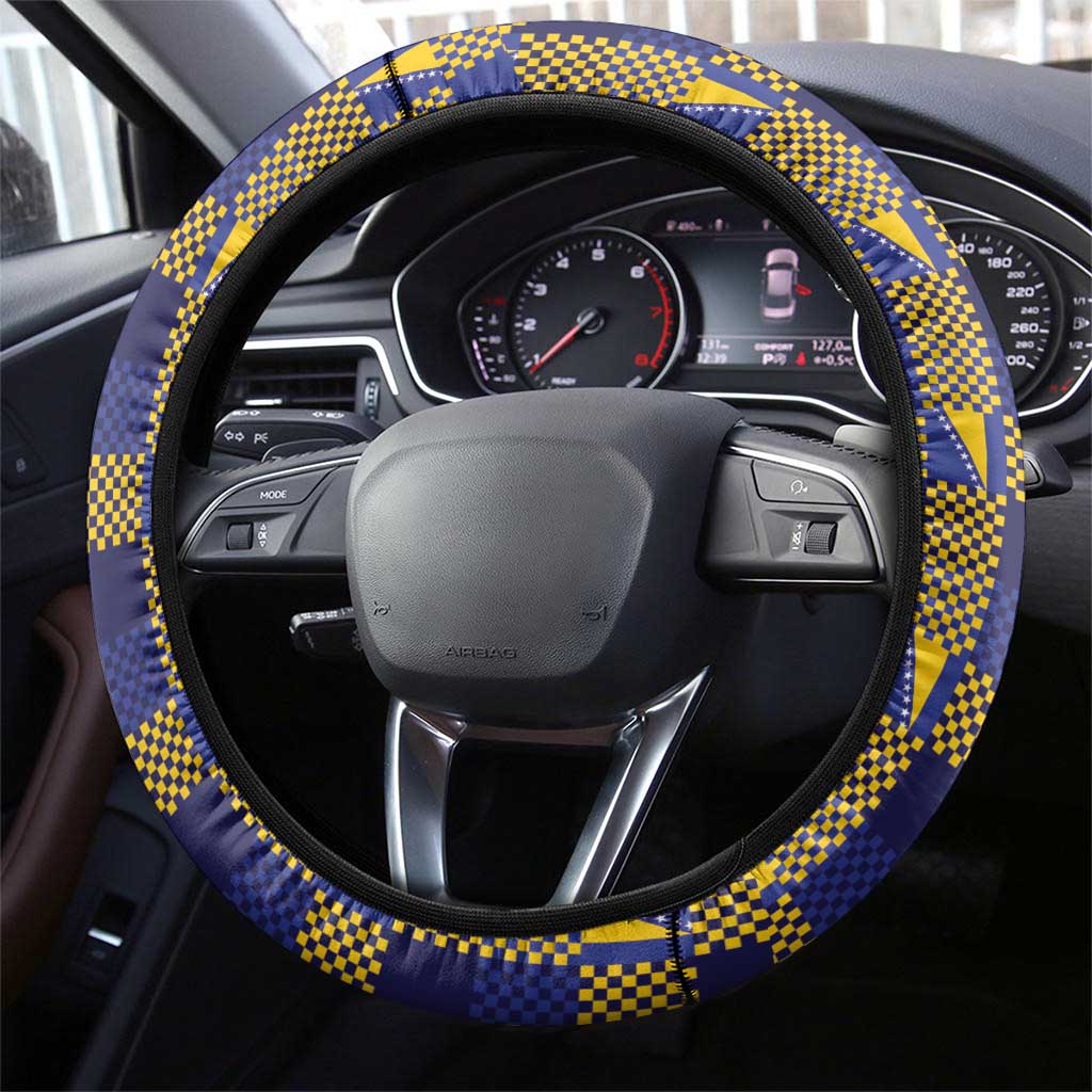 Bosnia And Herzegovina Football Steering Wheel Cover Fierce Dragon National Stars With Checker Patterns