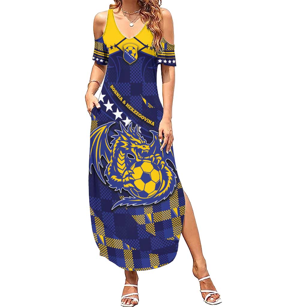 Custom Bosnia And Herzegovina Football Summer Maxi Dress Fierce Dragon National Stars With Checker Patterns