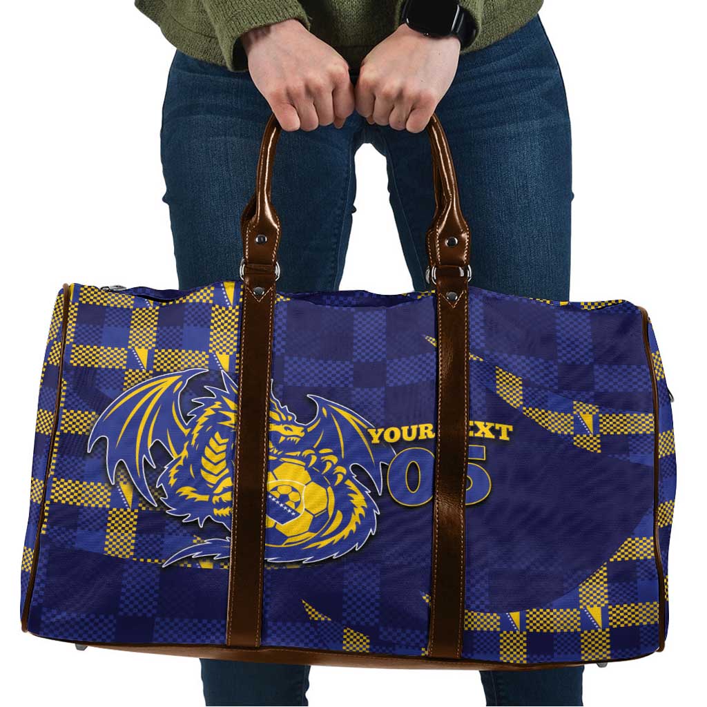 Custom Bosnia And Herzegovina Football Travel Bag Fierce Dragon National Stars With Checker Patterns