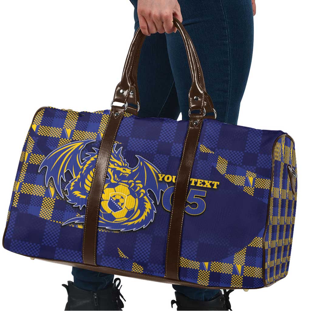 Custom Bosnia And Herzegovina Football Travel Bag Fierce Dragon National Stars With Checker Patterns