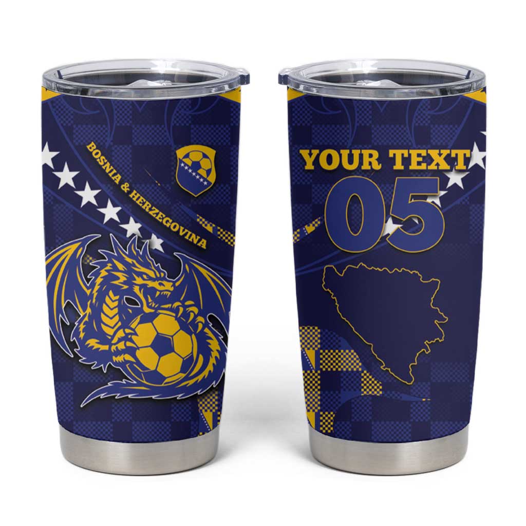 Custom Bosnia And Herzegovina Football Tumbler Cup Fierce Dragon National Stars With Checker Patterns