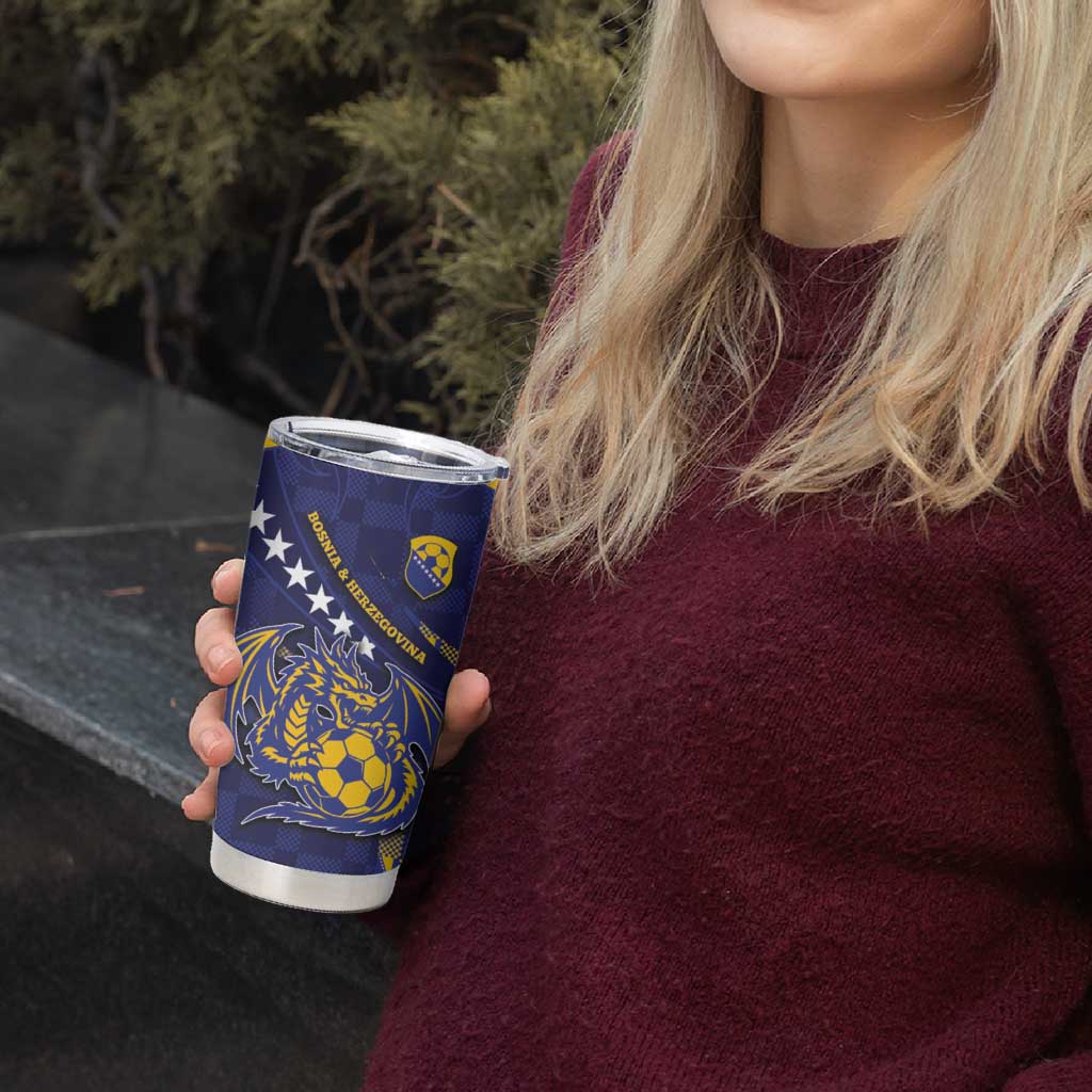 Custom Bosnia And Herzegovina Football Tumbler Cup Fierce Dragon National Stars With Checker Patterns