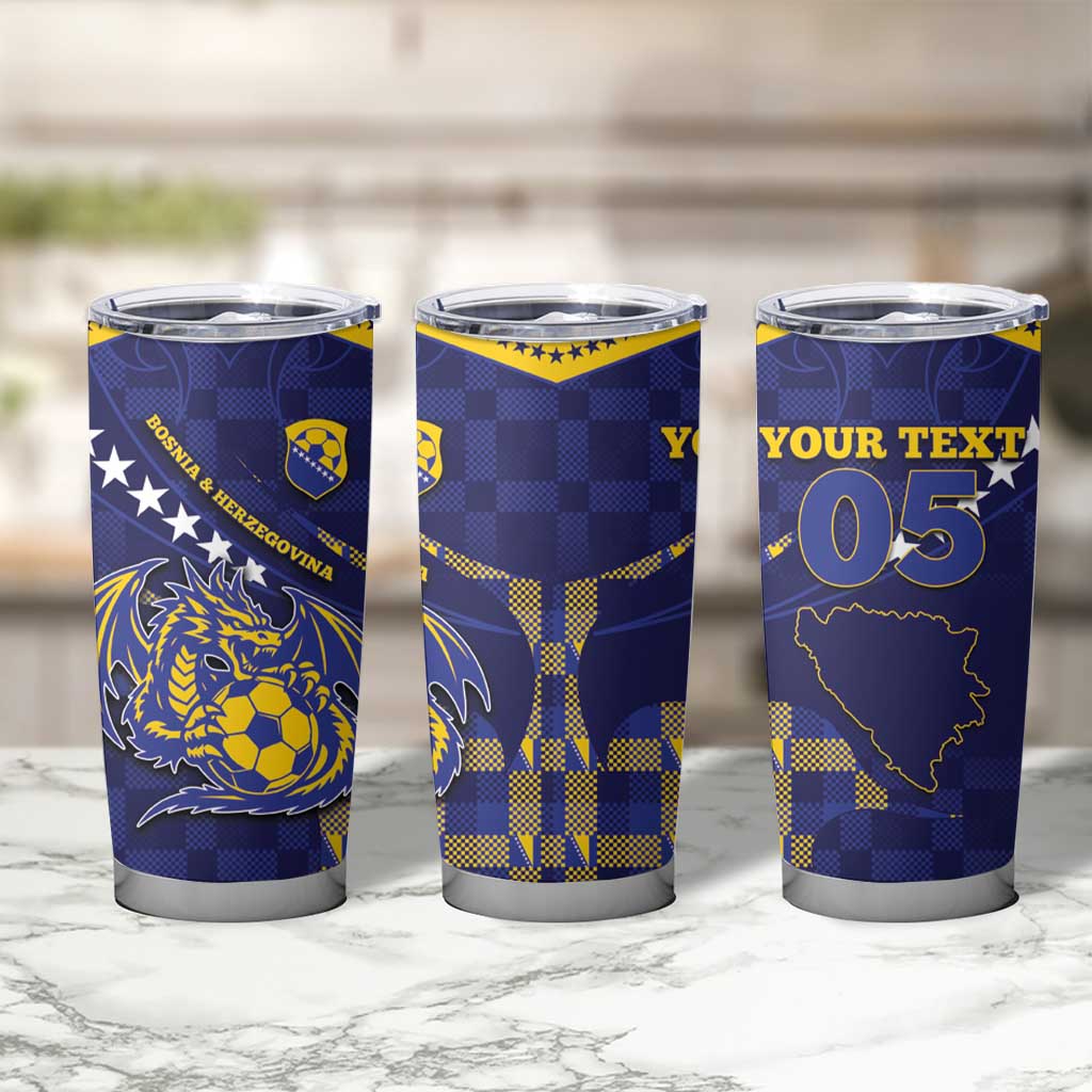 Custom Bosnia And Herzegovina Football Tumbler Cup Fierce Dragon National Stars With Checker Patterns