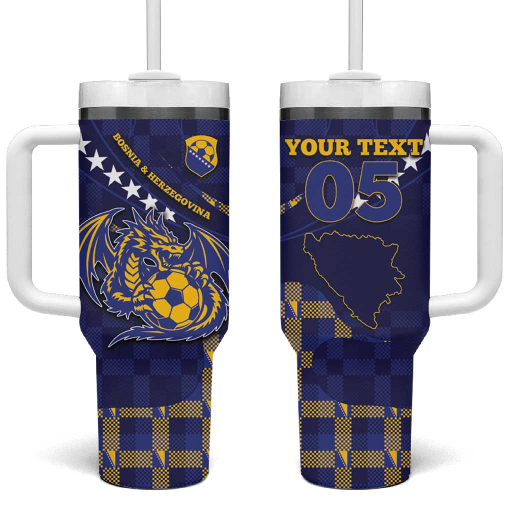 Custom Bosnia And Herzegovina Football Tumbler With Handle Fierce Dragon National Stars With Checker Patterns