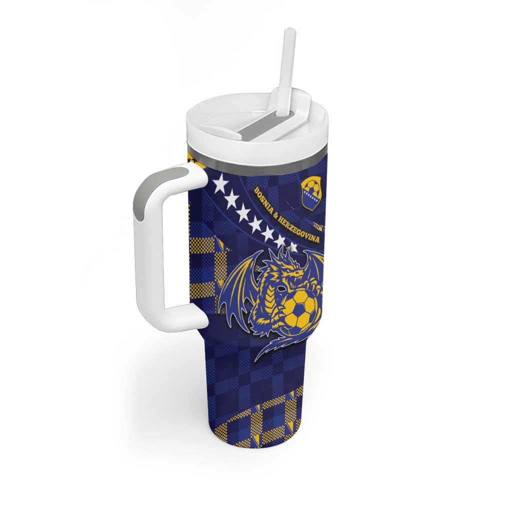 Custom Bosnia And Herzegovina Football Tumbler With Handle Fierce Dragon National Stars With Checker Patterns
