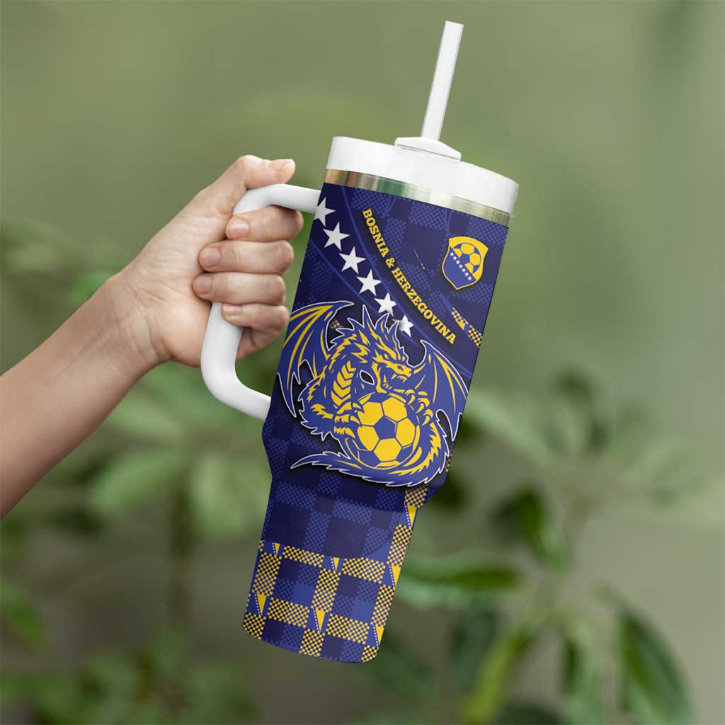 Custom Bosnia And Herzegovina Football Tumbler With Handle Fierce Dragon National Stars With Checker Patterns