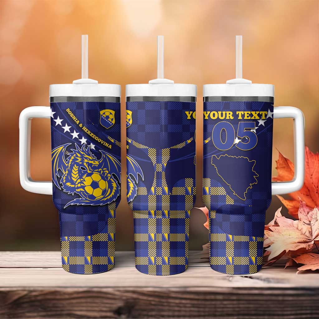 Custom Bosnia And Herzegovina Football Tumbler With Handle Fierce Dragon National Stars With Checker Patterns