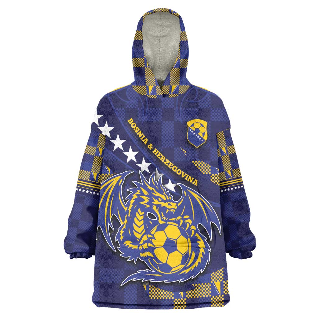 Custom Bosnia And Herzegovina Football Wearable Blanket Hoodie Fierce Dragon National Stars With Checker Patterns