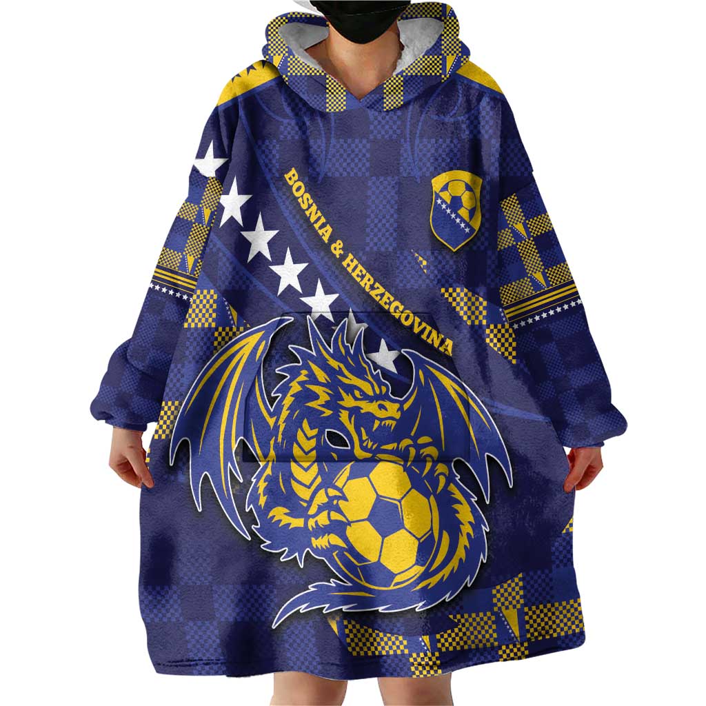 Custom Bosnia And Herzegovina Football Wearable Blanket Hoodie Fierce Dragon National Stars With Checker Patterns