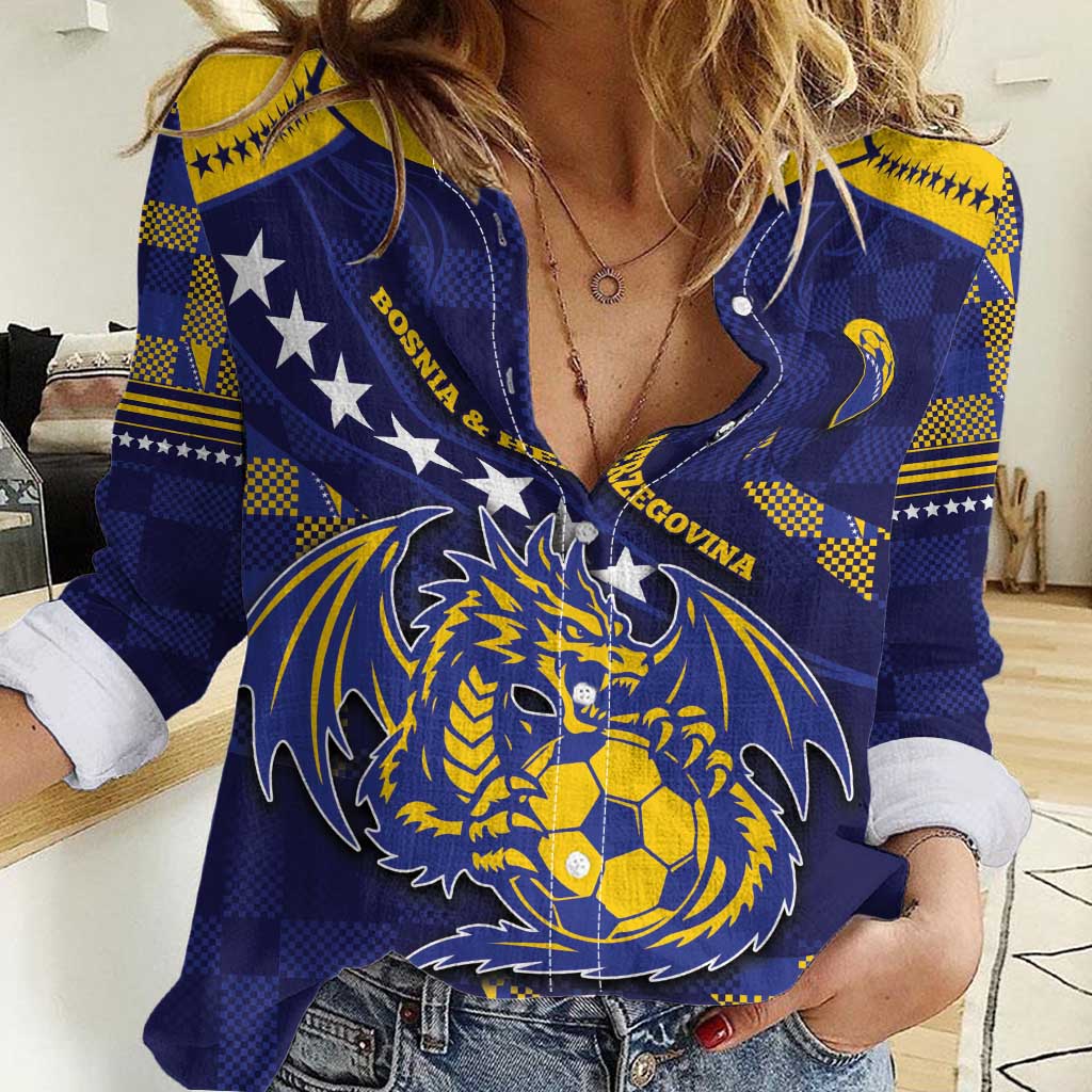Custom Bosnia And Herzegovina Football Women Casual Shirt Fierce Dragon National Stars With Checker Patterns