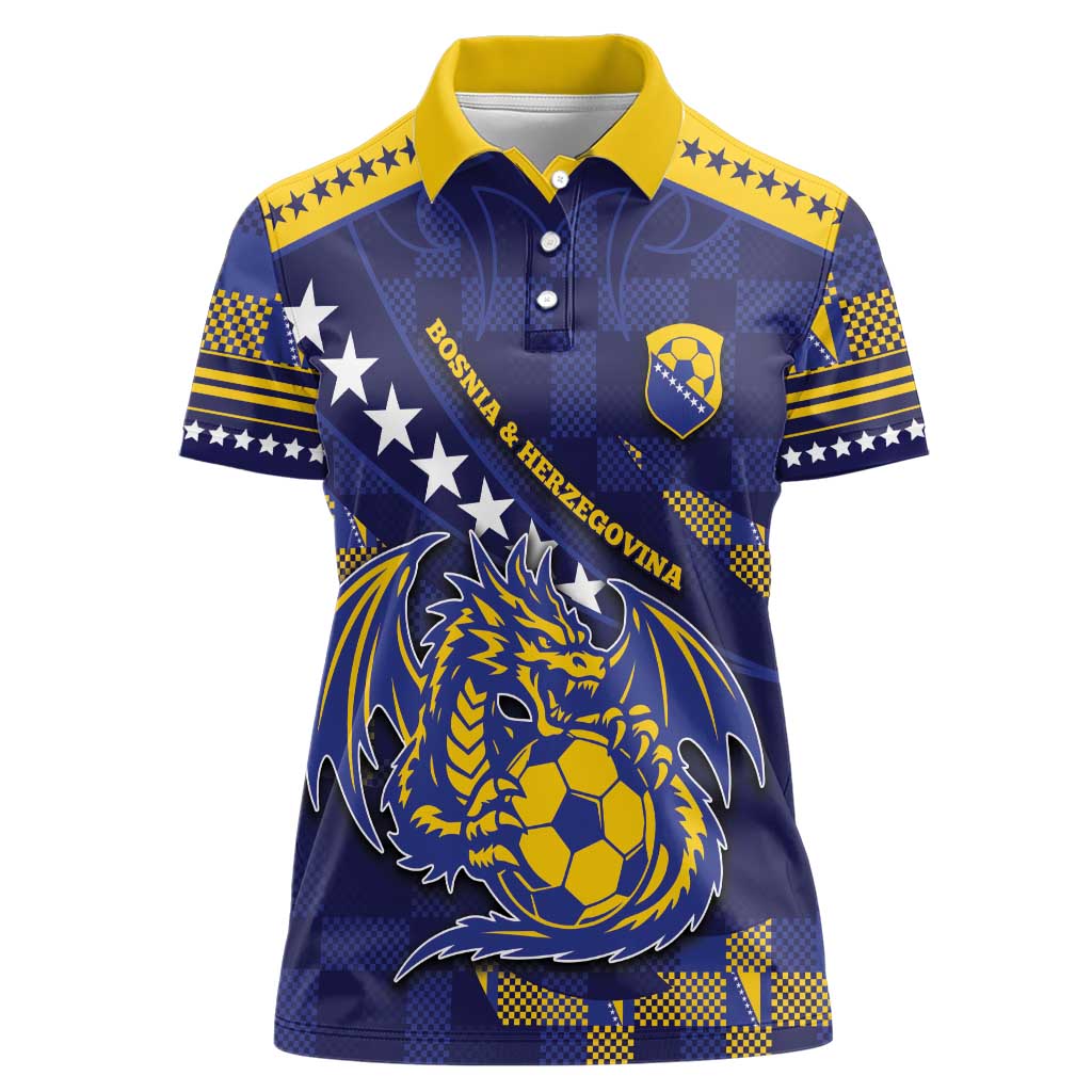 Custom Bosnia And Herzegovina Football Women Polo Shirt Fierce Dragon National Stars With Checker Patterns