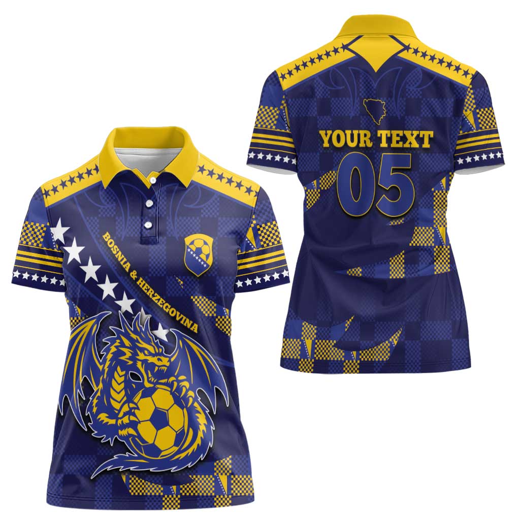 Custom Bosnia And Herzegovina Football Women Polo Shirt Fierce Dragon National Stars With Checker Patterns