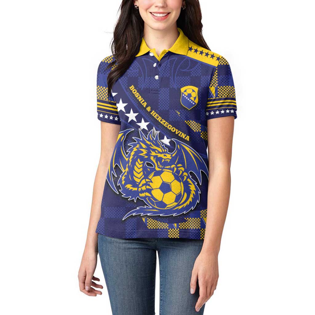 Custom Bosnia And Herzegovina Football Women Polo Shirt Fierce Dragon National Stars With Checker Patterns