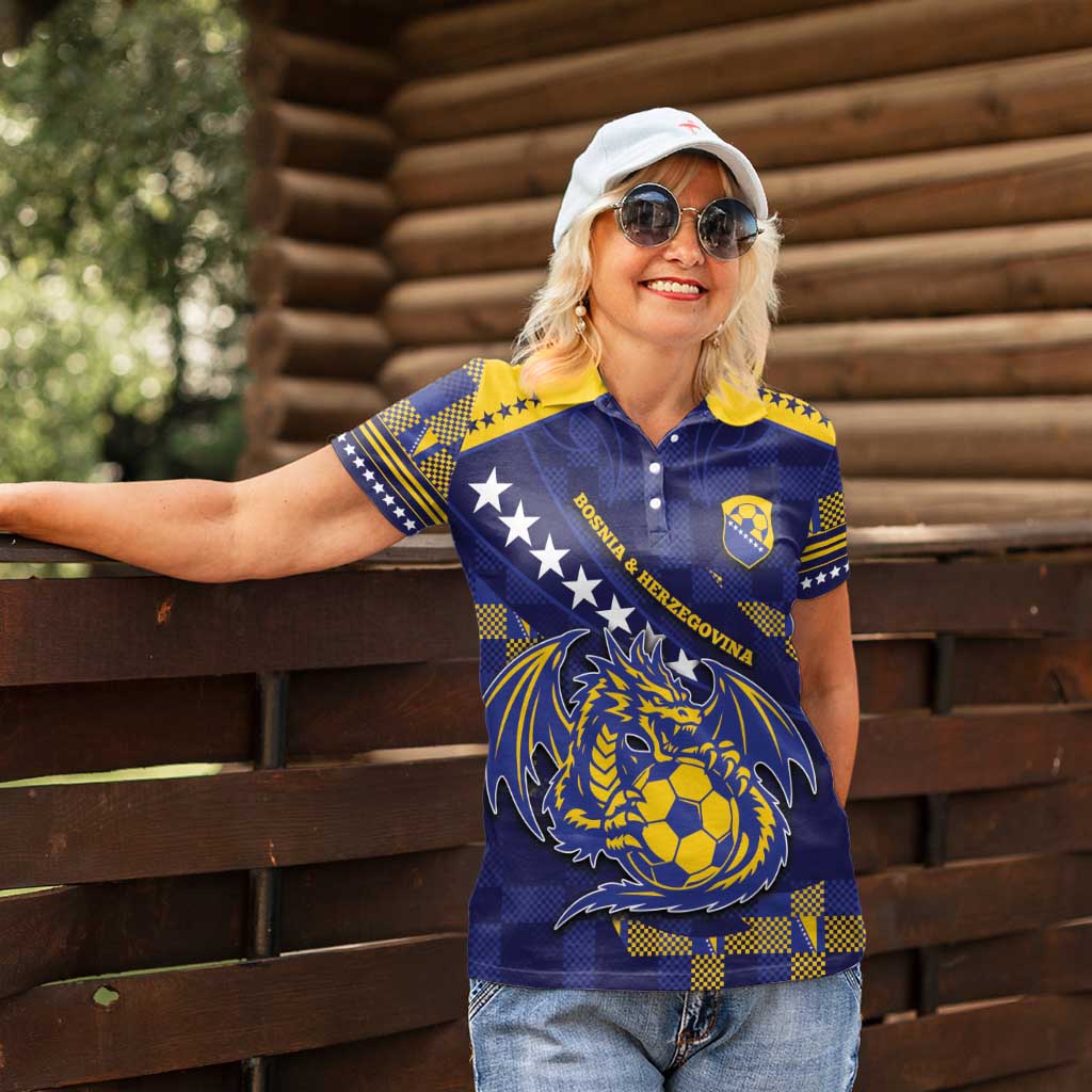 Custom Bosnia And Herzegovina Football Women Polo Shirt Fierce Dragon National Stars With Checker Patterns