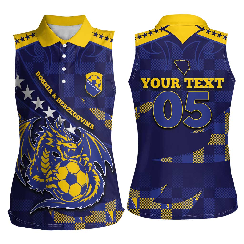 Custom Bosnia And Herzegovina Football Women Sleeveless Polo Shirt Fierce Dragon National Stars With Checker Patterns