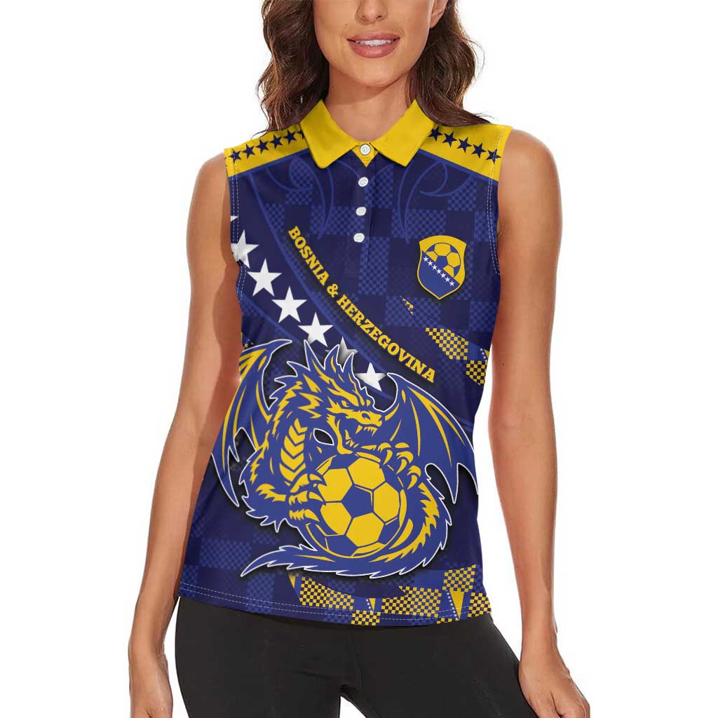Custom Bosnia And Herzegovina Football Women Sleeveless Polo Shirt Fierce Dragon National Stars With Checker Patterns