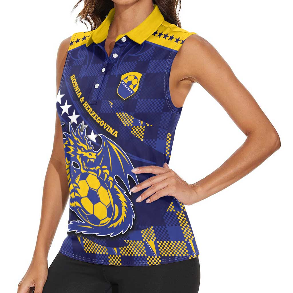 Custom Bosnia And Herzegovina Football Women Sleeveless Polo Shirt Fierce Dragon National Stars With Checker Patterns