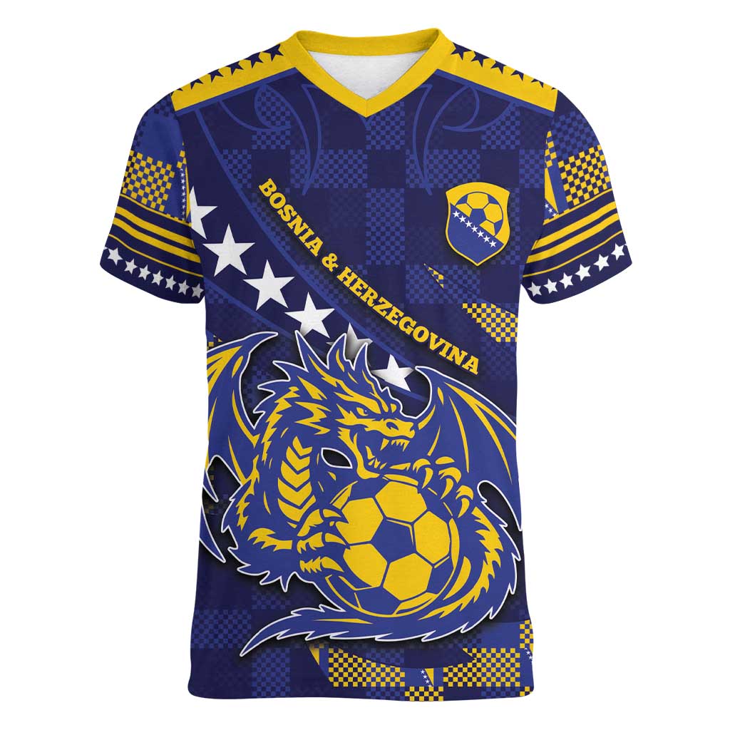 Custom Bosnia And Herzegovina Football Women V-Neck T-Shirt Fierce Dragon National Stars With Checker Patterns