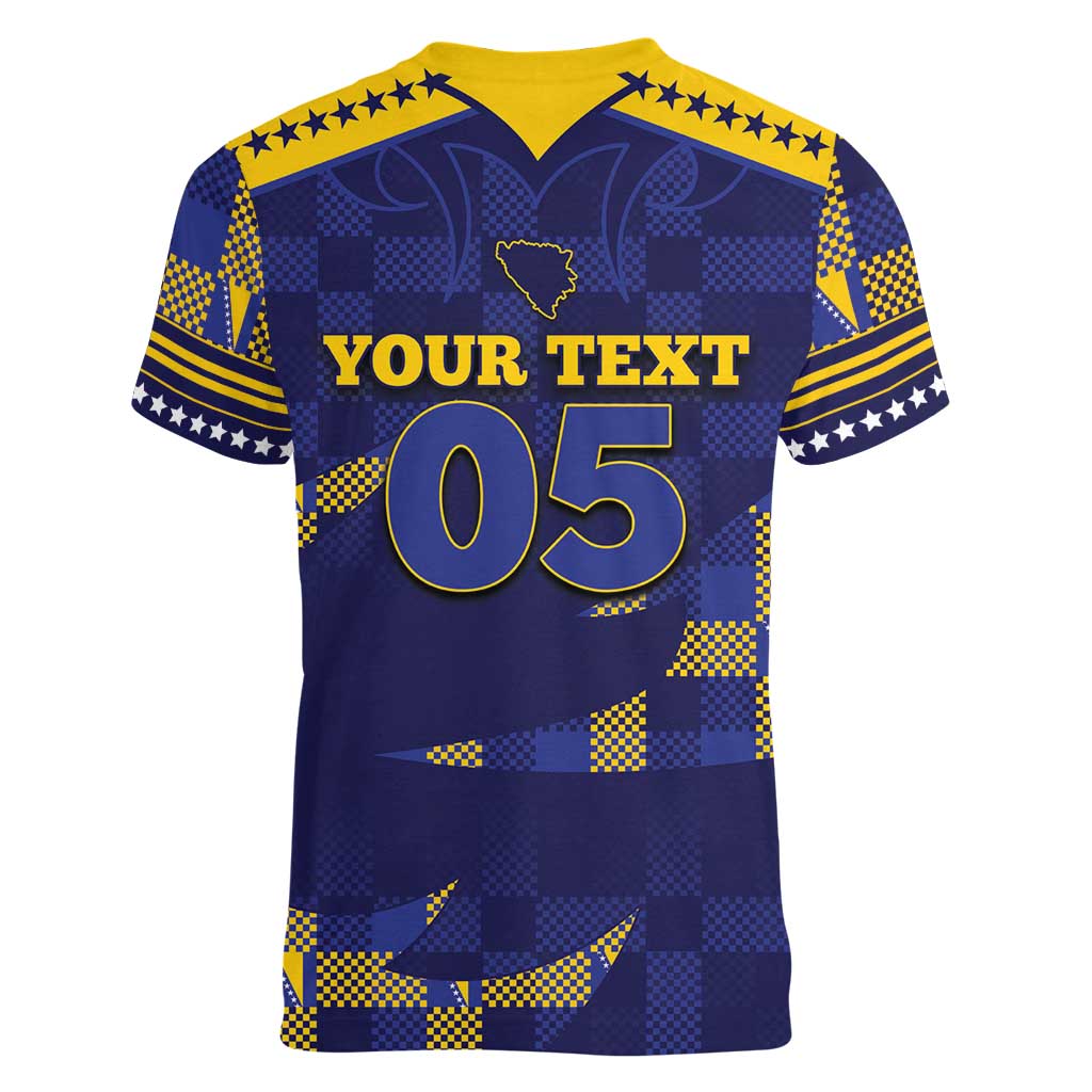 Custom Bosnia And Herzegovina Football Women V-Neck T-Shirt Fierce Dragon National Stars With Checker Patterns