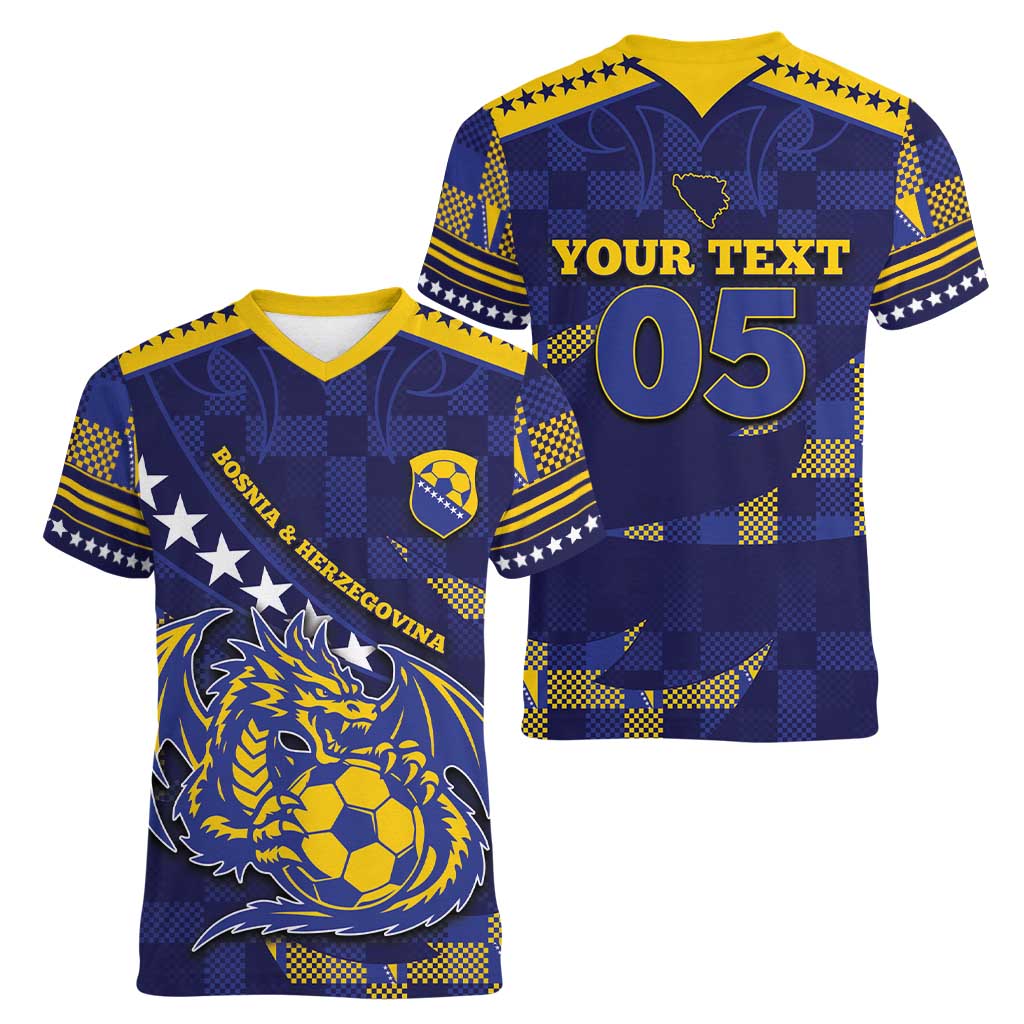 Custom Bosnia And Herzegovina Football Women V-Neck T-Shirt Fierce Dragon National Stars With Checker Patterns