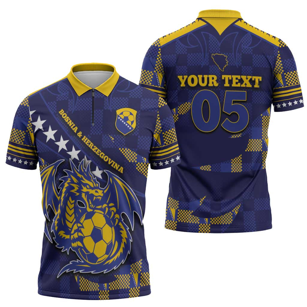Custom Bosnia And Herzegovina Football Zipper Polo Shirt Fierce Dragon National Stars With Checker Patterns