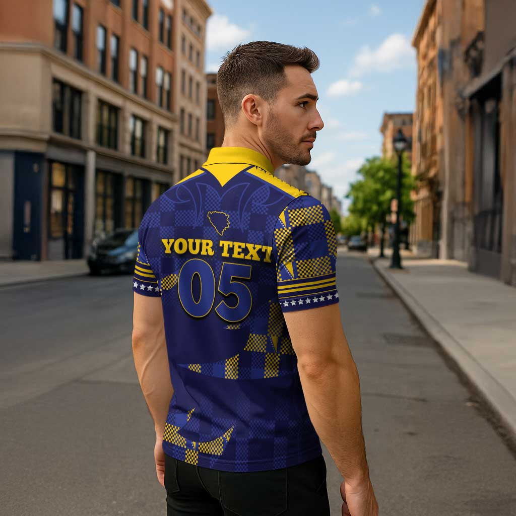 Custom Bosnia And Herzegovina Football Zipper Polo Shirt Fierce Dragon National Stars With Checker Patterns