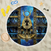 Egyptian Goddess Hathor Beach Blanket Galaxy Ancient Mythology Sun Disk Cow Horn