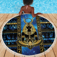 Egyptian Goddess Hathor Beach Blanket Galaxy Ancient Mythology Sun Disk Cow Horn