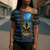 Egyptian Goddess Hathor Cross Shoulder Shirt Galaxy Ancient Mythology Sun Disk Cow Horn