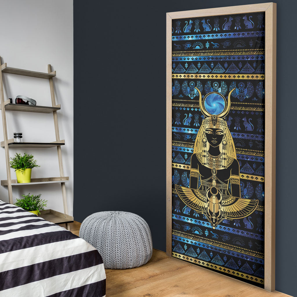 Egyptian Goddess Hathor Door Cover Galaxy Ancient Mythology Sun Disk Cow Horn